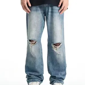 ג'ינס קרעים במפעל מותאם אישית מכנסיים רחבי רגליים אופנתיים לגברים אביב רחוב גבוה מכנסיים ארוכים לגברים נאה גברים