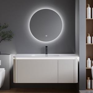 Nouvelle vanité de salle de bain intelligente blanche avec miroir rond LED et lavabo intégré en ardoise mate - Product Image 2