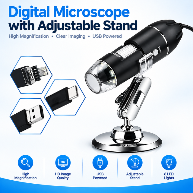 Good Quality 3 in 1 Digital Microscope 1600X Zoom with USB IP53 Rated 8 LEDs for Android Phones & Windows Computers