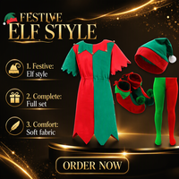 Costume de cosplay d'elfe de Noël, tenue pour adulte bicolore rouge et vert, costume amusant pour fête de Noël avec chapeau, collants et chaussures