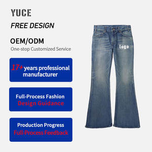 पतलून निर्माता कस्टम फीडेड वॉश प्रिंट ब्लू ओवरसाइज बेल बॉटम बूटकट व्यथित विंटेज डेनिम पैंट वाली जींस पुरुषों - Product Image 1