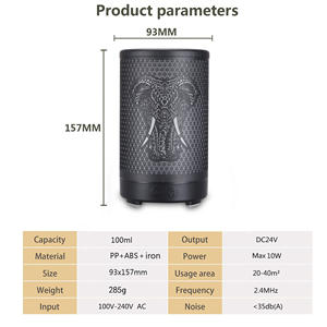 Diffuseur d'arômes en forme d'éléphant 93x157mm, humidificateur de 100ml, type brume en métal noir pour bureau et maison - Product Image 1