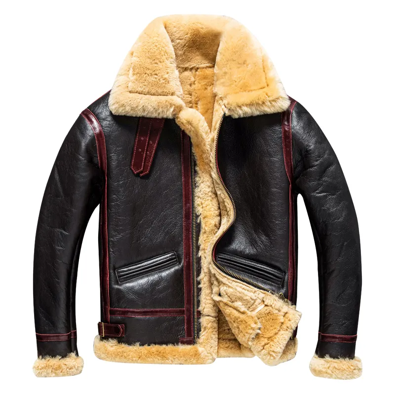 2023 Men's Real Fur Leather High Quality B3 Thick Winter Heavy Bomber s For Men Retro Sheepskin Wool Coats