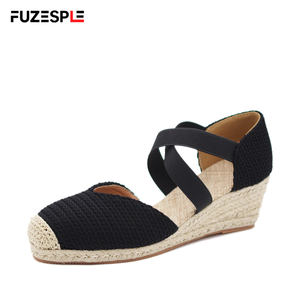 Sandales d'été en lin pour femmes, style pêcheur, avec talons compensés de 6 cm, bandes élastiques, <span class=keywords><strong>espadrilles</strong></span> en paille, sandales d'été pour femmes - Product Image 1
