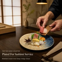Assiette à sashimi en céramique, plat de service rond, style japonais, glaçure bicolore, plat à sushi avec texture radiale sculptée