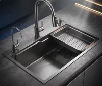 Évier de cuisine double Nano Noir en acier inoxydable 304, fait main, grand format, à encastrer, poste de travail moderne pour maison, hôtel, vente en gros, OEM