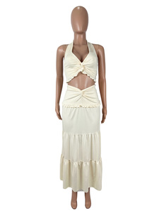 Conjunto de Dos Piezas para Mujer, Camisola Sexy con Cuello en V y Volantes, Falda Maxi con Detalle de Nudo, a la Moda - Product Image 4