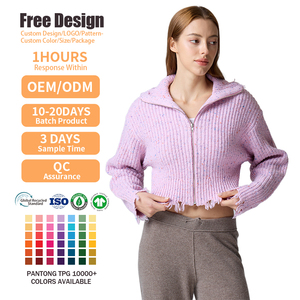 High-End Customizable Streetwear Knitwear OEM/ODM Zip-Up <b>Cardigan</b> <b>Sweater</b> Women's Frayed Cropped Knit Jacket - Product Image 2