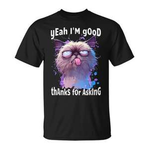 Camiseta con meme de cara de gato, sí, estoy bien, gracias por preguntar, talla unisex para adultos - Product Image 1