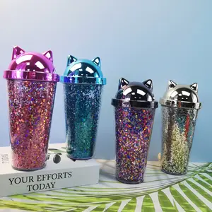 Custom Logo Cute Cat Ears Double Layer Plastic Straw Cup Electroplated Lid Glitter Cartoon Gift Cup Children's Water Cup