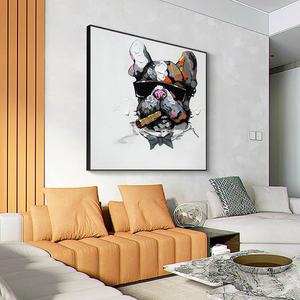 Peinture 100% peinte à la main sur <span class=keywords><strong>toile</strong></span> moderne, Pop Art abstrait, Bouledogue <span class=keywords><strong>patron</strong></span> avec lunettes de soleil, Animal de dessin animé, Peintures à l'huile/acrylique - Product Image 4