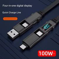 Câble de charge rapide 4-en-1 3A 100W pour téléphones mobiles - Double Type C Nylon plat tressé Affichage LED PD-1M & 2M