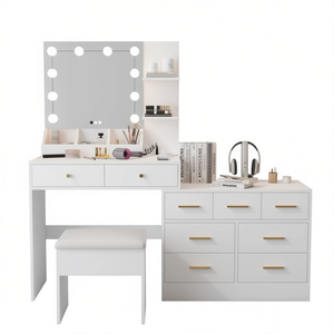 Tocador de Maquillaje Blanco con Espejo LED, Cajones, Estantes de Almacenamiento, Diseño Minimalista, Muebles de Dormitorio - Product Image 1