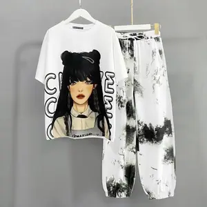 Summer New Girl's Printed Short-sleeved Tie-dyed Trousers Two-piece Fashionable Casual Suit