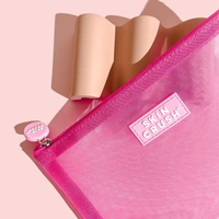 Pochette de maquillage en nylon à mailles avec logo personnalisé rose jaune bleu, fermeture éclair en silicone, élégante et tendance