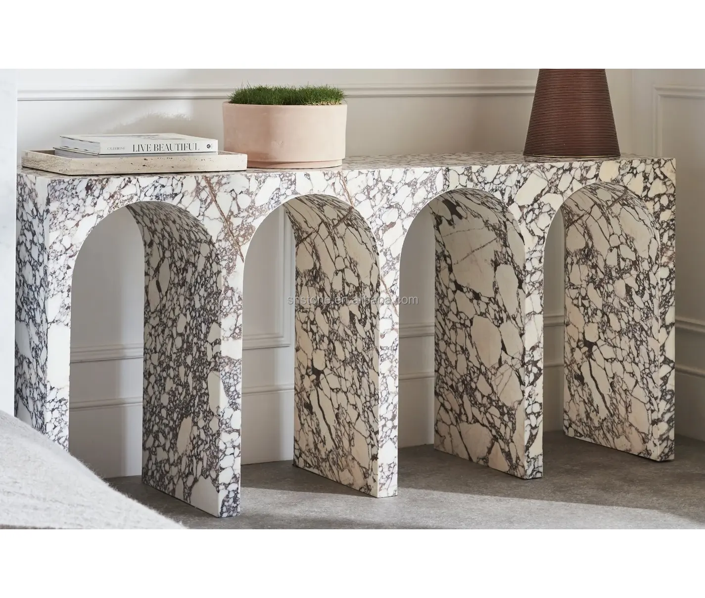 SHIHUI Home Decor Nordic Style Modern Stone Furniture Arch Shape Entryway Italian Calacatta Viola Marble Decor Console Tables