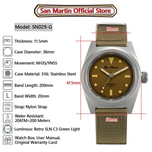 San Martin SN029-GMen Pilot Watch NH35 Leather <b>Automatic</b> Mechanical <b>Wristwatch</b> Waterproof 200M Luminous Relojes - Product Image 2