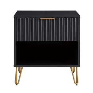 Black Nightstand With Ribbed <b>Drawer</b> And Gold Legs Modern Bedroom Storage Unit - Product Image 1