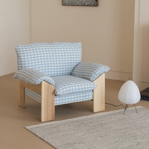 Fauteuil Chandigarh en bois massif, tissu bleu à carreaux, pour salon, maison ou café. - Product Image 3