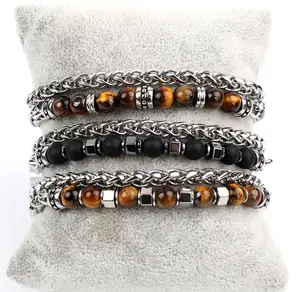 Renting Jewelry Making 6mm Natural Stone Hematite Tiger Eye Stainless Steel Chain Bracelet For Men