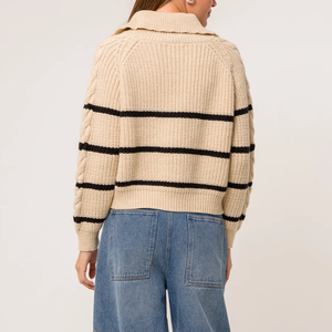 Suéter de <span class=keywords><strong>punto</strong></span> con cremallera y rayas Beige para <span class=keywords><strong>mujer</strong></span> <span class=keywords><strong>Chaqueta</strong></span> de <span class=keywords><strong>punto</strong></span> recortada para moda informal Retro - Product Image 4