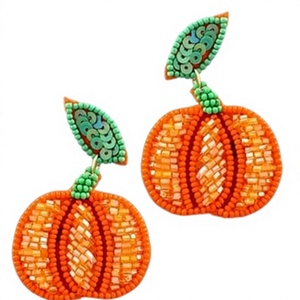 Boucles d'oreilles clous artisanales en perles, motif citrouille mignonne, bijoux en perles de rocaille pour femmes - Product Image 1