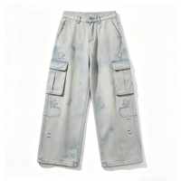 T-shirt à manches longues bleu tie-dye vieilli avec motif végétal en chenille, style streetwear épais, décontracté pour le quotidien