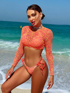 Ensemble de bikinis profonds à dos nu pour femmes Maille Trois pièces Vêtements de plage à manches longues Crop Top Sexy Buttocks Swimwear Women's Swimsuit - Product Image 4