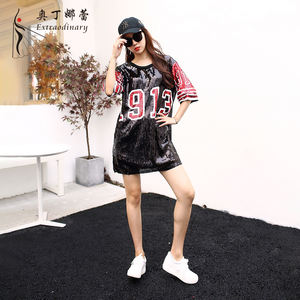 Le donne di Stile <span class=keywords><strong>Punk</strong></span> Paillettes Maglietta Del Vestito di Estate Del Vestito Allentato <span class=keywords><strong>T</strong></span> Shirt Nero delle Parti Superiori per Le Donne - Product Image 1