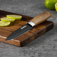 Ensemble de 7 couteaux de chef en acier inoxydable avec revêtement noir, manche en bois grainé, logo personnalisé, étiquette privée, vente en gros