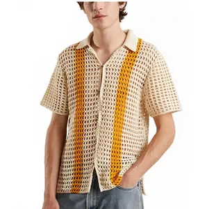 Design personalizado Mens Verão Oco Out Button Up Camisola De Malha De Manga Curta Cardigan Malhas Polo T-shirt De Malha De Crochet Camisa