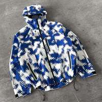 Blouson Bomber Unisexe Personnalisé en Toile Enduite Imprimée Numérique à Pois Bleus et Blancs, Style Fonctionnel Extérieur Printanier, Réversible à l'Avant