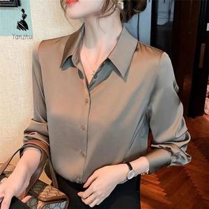 Hochwertiges Glattes Satin-Gewebe Damen Langarm-Hemd Büro-Hemd für Damen - Product Image 1