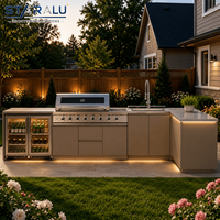 Cuisine extérieure moderne avec armoires en acier inoxydable, îlot barbecue et rangement personnalisé pour patio arrière-cour