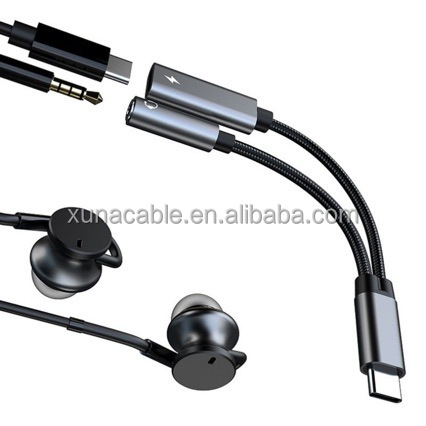 Metal Shell Nylon Braided Cable 2-in-1 Adapter USB-C 3.5mm Audio Headphone Splitter for Laptop Mixing Consoles Speakers