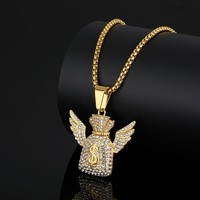 Nouveau collier unisexe en acier titane style hip-hop avec pendentif sac à argent et symbole du dollar américain incrusté de diamants, style INS