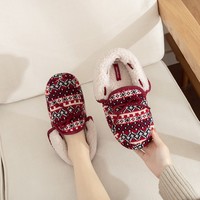 Chaussons d'intérieur pour femmes en tricot géométrique vintage, doublés de polaire douillets, chauds pour l'hiver, avec joli nœud décoratif et semelle antidérapante