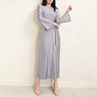 Nouvelle Robe Plissée Miyake en Polyester de Haute Qualité 2026 pour Femme, Manches Longues, Col Rond Ample, Ceinture, Robe Élégante
