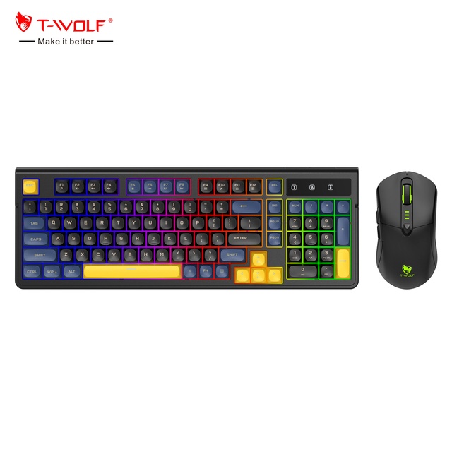T-WOLF TF300 Dual Mode Wireless Bluetooth Keyboard and Mouse Combos Rechargeable Gaming Wireless Keyboard Mouse Set LED Backlit