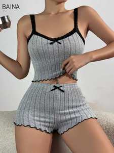 Ensemble de lingerie sexy pour femme, deux pièces, débardeur côtelé épais et short avec dentelle contrastante, pyjama et pantalon de détente - Product Image 3