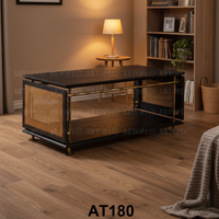 Table basse moderne en bois et osier, cadre forgé à la main en noyer, table centrale pour salon