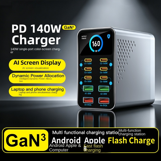165W GaN Desktop Charger Multi Port USB C Fast Charging Station PD 3.1 Digital Display for Laptop Smartphone Tablet