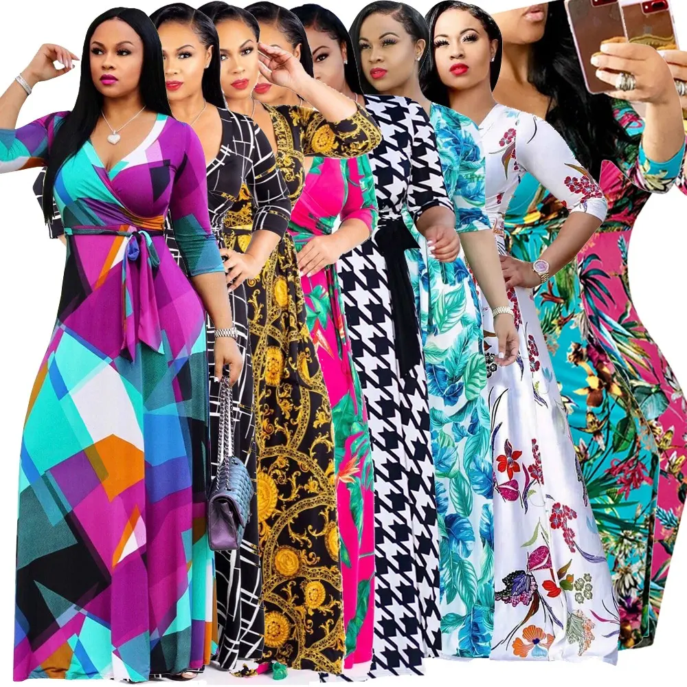 Bulk Summer Collection Langarm-Ketten muster Afrikanisches Kleid für Frauen Plus Size Maxi Designer Chain Printed Clothing