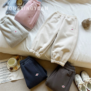 Children's Fleece Lined Thickened Sweatpants Solid Color Cotton Knitted Winter Pants For Boys And Girls - Product Image 1