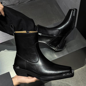 Bottes Chelsea pour hommes en cuir véritable à bout carré et talon haut, style britannique décontracté, toutes saisons, avec fermeture éclair, vente en gros - Product Image 2