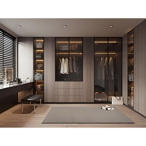 Dressing moderne sur mesure en L avec portes vitrées et rangements en bois, placard de luxe du <span class=keywords><strong>sol</strong></span> au plafond avec coiffeuse - Product Image 2