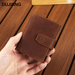 Portefeuille en cuir véritable Dujiang pour homme, court, avec protection RFID, couleur café, plusieurs emplacements pour cartes, résistant à l'usure, design solide - Product Image 1