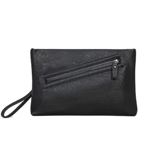 Bolsa de mão minimalista, bolsa preta com zíper para homens e mulheres, carteira de couro