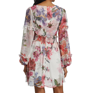 2026 nouveautés dame élégant évider imprimé fleuri plissé volants manches longues bouffantes a-ligne Floral Mini robe - Product Image 3