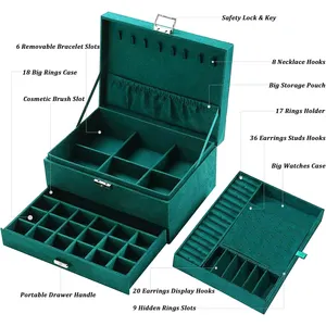 2024 New Green 3-lagige Flanell Schmuck Organizer Box Halsketten Ring Display Große Kapazität Samt Schmuck Aufbewahrung sbox mit Schloss